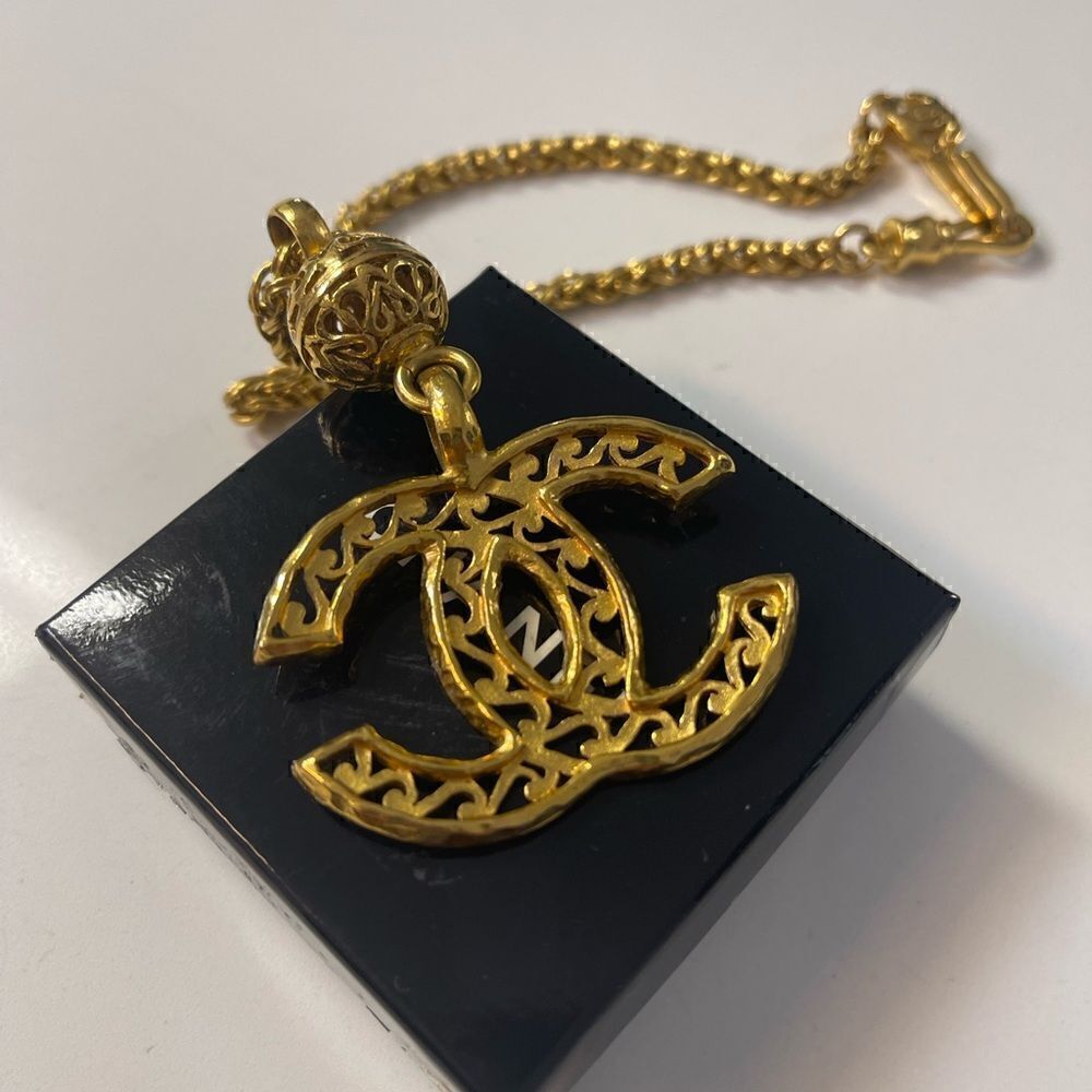 Chanel Vintage Coco Mark Gold Plated Filigree Necklace.